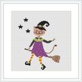 The image depicts a cartoon-style witch flying on a broomstick, with a pointed hat and a playful expression. Stars are scattered in the background, suggesting a nocturnal, mystical setting.