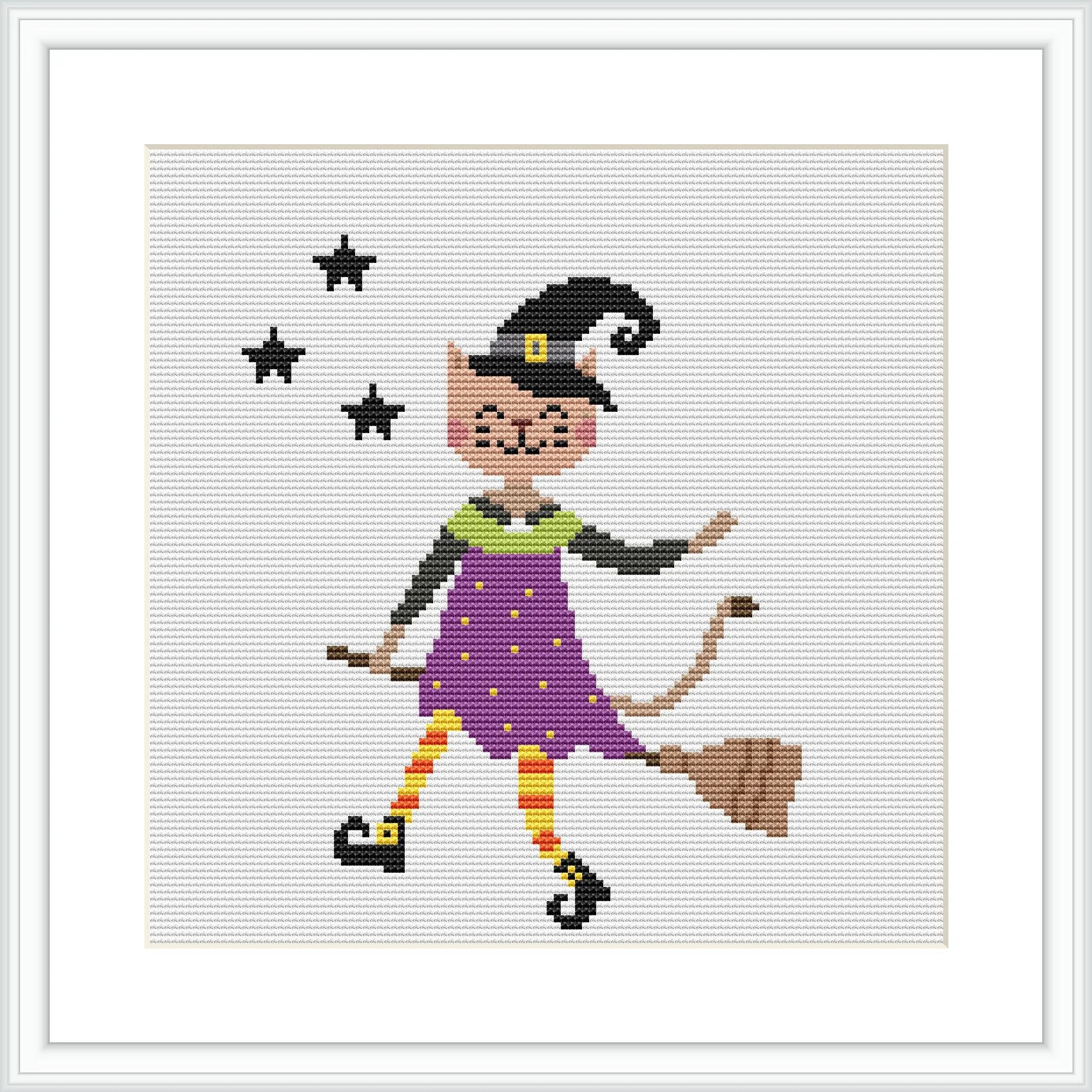 The image depicts a cartoon-style witch flying on a broomstick, with a pointed hat and a playful expression. Stars are scattered in the background, suggesting a nocturnal, mystical setting.
