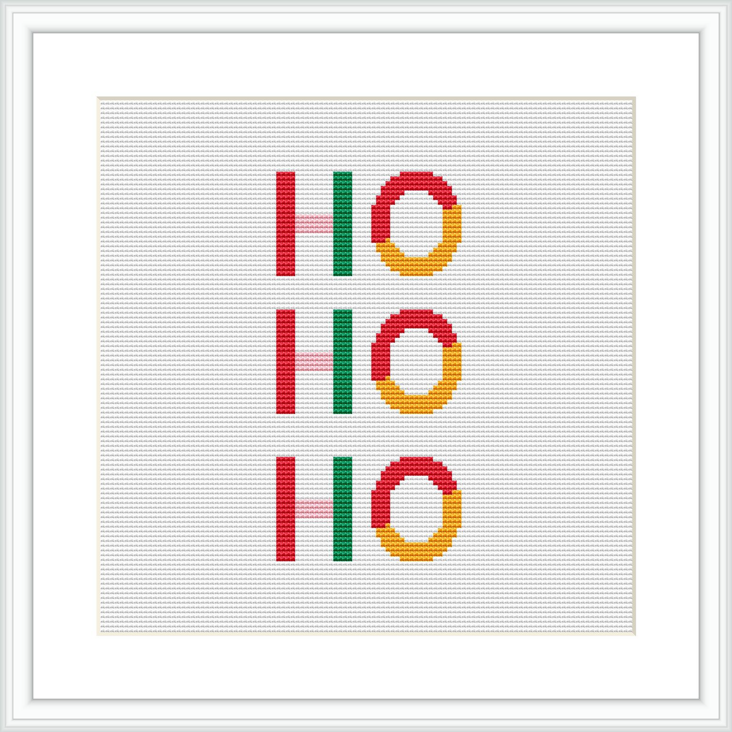 The image shows a cross stitch design with the text 'Ho Ho Ho', where each 'Ho' is arranged vertically and adorned with a circular pattern resembling Christmas wreaths, all stitched onto a white canvas framed in a simple white square frame.