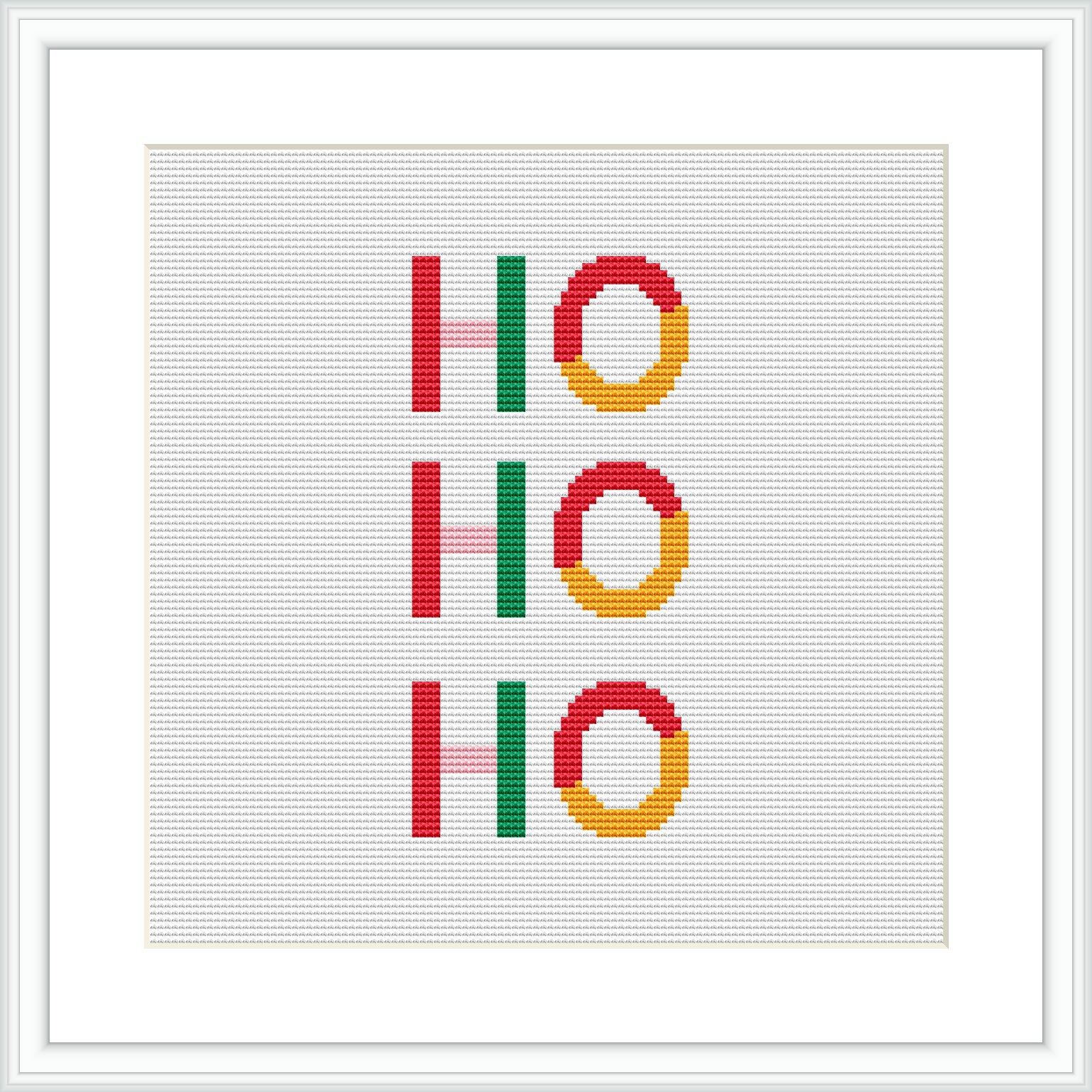 The image shows a cross stitch design with the text 'Ho Ho Ho', where each 'Ho' is arranged vertically and adorned with a circular pattern resembling Christmas wreaths, all stitched onto a white canvas framed in a simple white square frame.