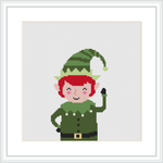 The image depicts a cross stitch pattern of an elf. The elf has red hair, a green hat, and a green outfit. The elf is winking and smiling while raising one hand, appearing to be waving or greeting. The background is plain white.