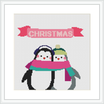 The image presents two stylized penguins standing close together, with a shared scarf draped over them, against a white backdrop with a festive 'CHRISTMAS' banner above.