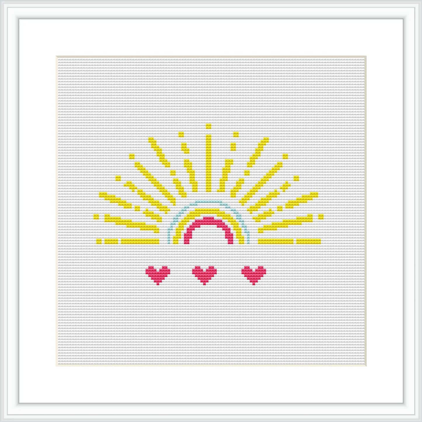 The image displays a framed cross stitch pattern design of a semi-circular sun with yellow rays extending outward at the top and three heart-shaped pink flowers at the bottom, all against a white background.