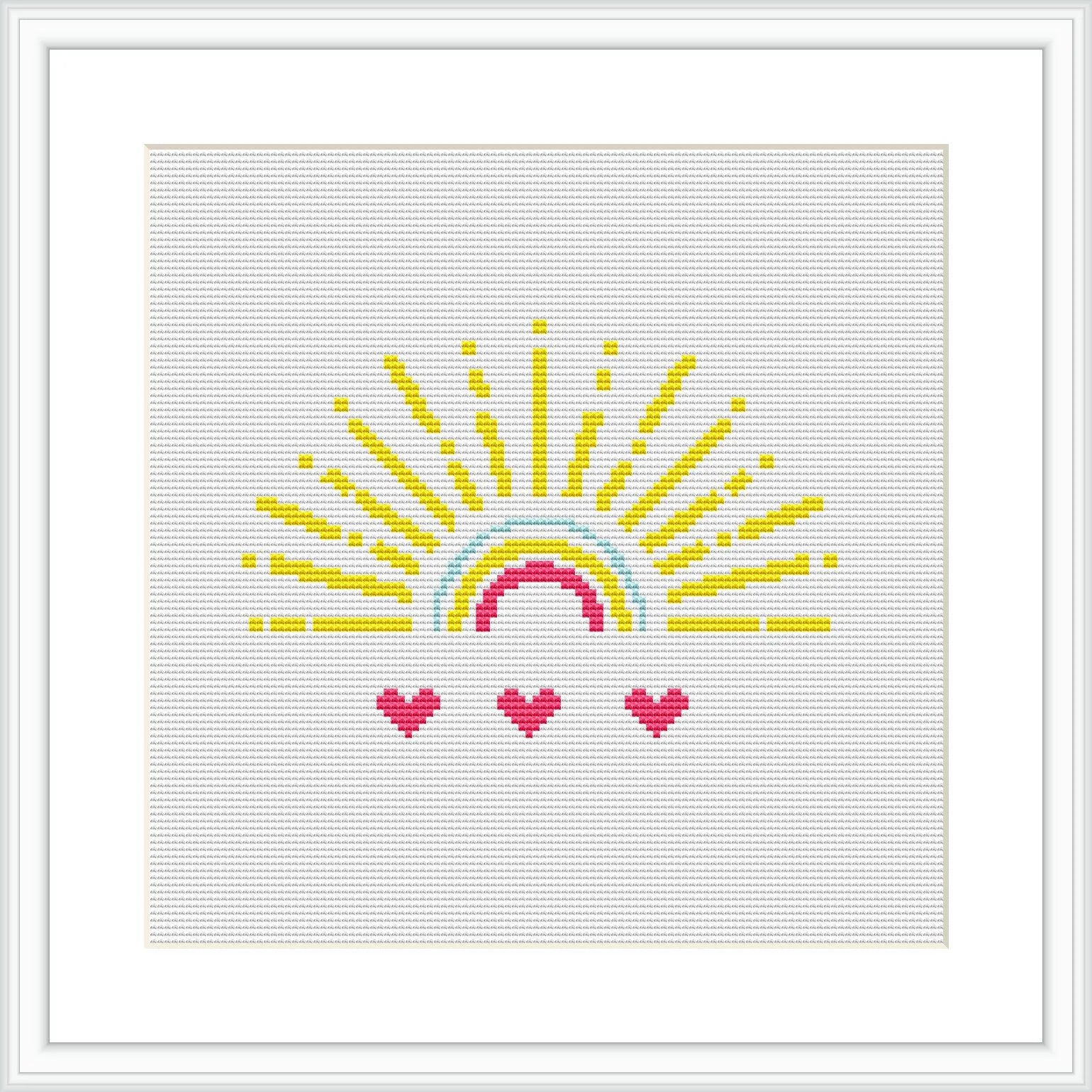 The image displays a framed cross stitch pattern design of a semi-circular sun with yellow rays extending outward at the top and three heart-shaped pink flowers at the bottom, all against a white background.