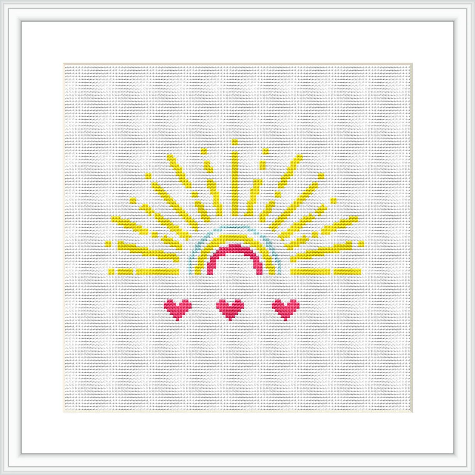 The image displays a framed cross stitch pattern design of a semi-circular sun with yellow rays extending outward at the top and three heart-shaped pink flowers at the bottom, all against a white background.