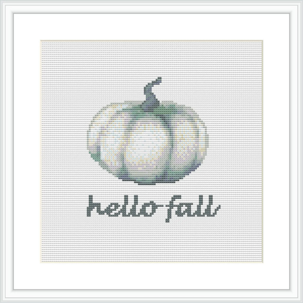 The image depicts a cross stitch pattern of a stylized green and white pumpkin below which the phrase 'Hello Fall' is stitched in a simple, readable font. The design is centered on a grid-like fabric, framed within a minimalist square frame, illustrating a calming autumn motif.