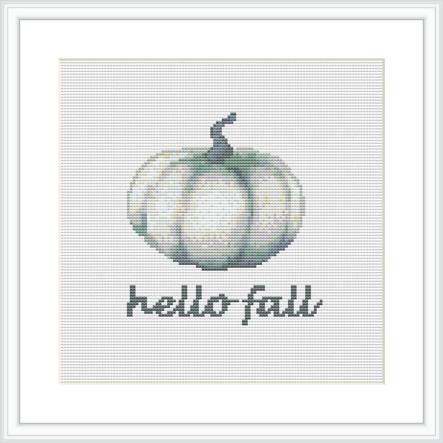 The image depicts a cross stitch pattern of a stylized green and white pumpkin below which the phrase 'Hello Fall' is stitched in a simple, readable font. The design is centered on a grid-like fabric, framed within a minimalist square frame, illustrating a calming autumn motif.