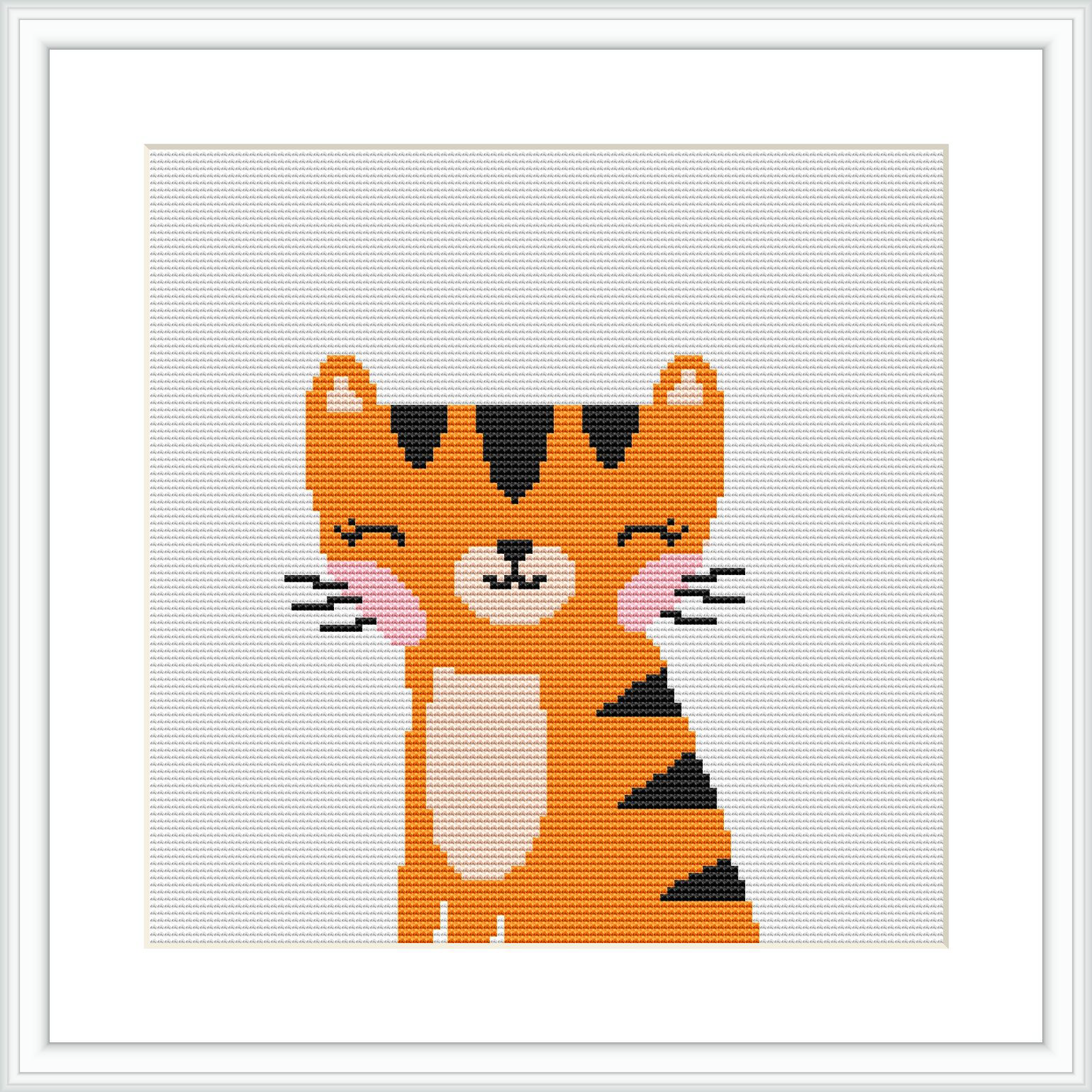 The image shows a framed cross stitch pattern of a stylized tiger with a tribal motif. The tiger is mainly orange with black stripes and accents, and embellished with pink cheeks.