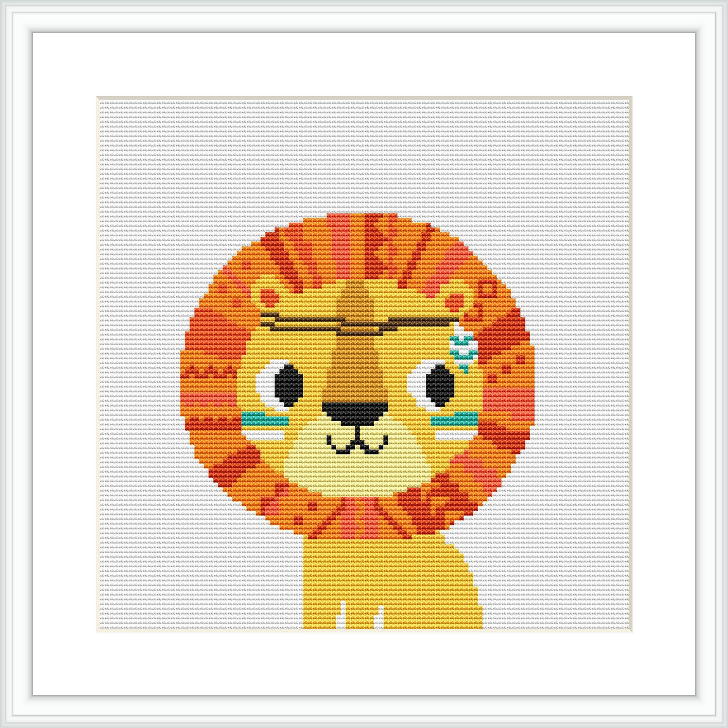 The image depicts a square cross stitch pattern design featuring a stylized lion's head with tribal patterns in warm and cool tones, centered on a neutral white background.