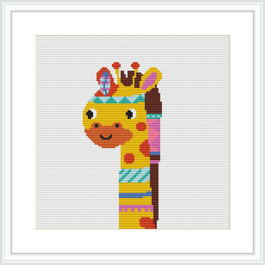 A cross stitch pattern of a giraffe head with tribal decorations, prominently displayed against a white background surrounded by a square frame.