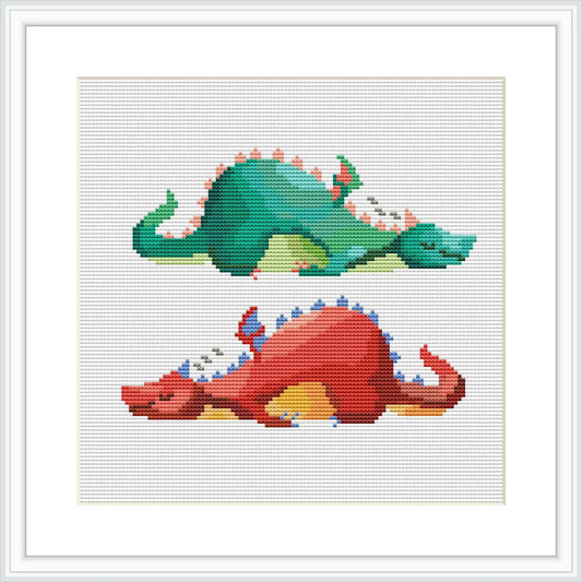 The image features two stylized dragons, one green and one red, each curled up and appearing to be asleep, set against a white background with a border that resembles a picture frame.