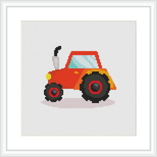 The image shows a pixelated, cross-stitch pattern of a vintage pickup truck, with a simplistic design. The truck is primarily red, with black wheels, yellow headlights, and a gray exhaust pipe. It is centered on a white background within a square frame.