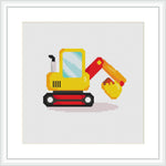 The image features a stylized, cartoon-like miniature excavator with a prominent arm and bucket, set against a white background.