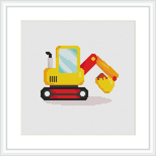 The image features a stylized, cartoon-like miniature excavator with a prominent arm and bucket, set against a white background.