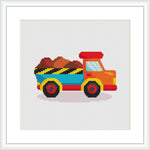 The image depicts a pixelated, multicolored vintage toy truck facing right, with a load of brown shapes, possibly meant to represent cargo, on a white background within a square frame.