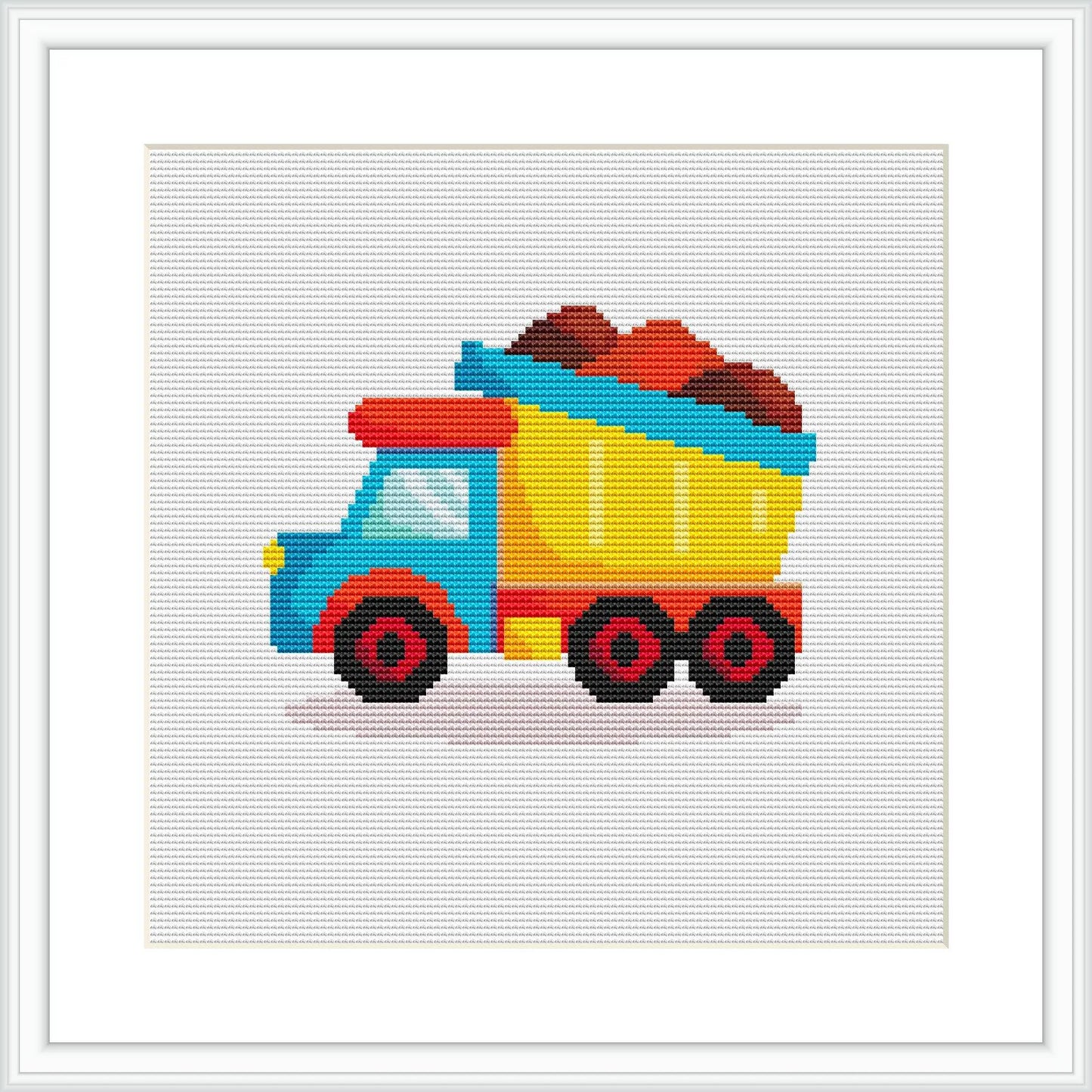 The image features a pixel art-style cross stitch pattern of a colorful toy truck, presented within a white frame against a white background.