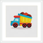 The image features a pixel art-style cross stitch pattern of a colorful toy truck, presented within a white frame against a white background.