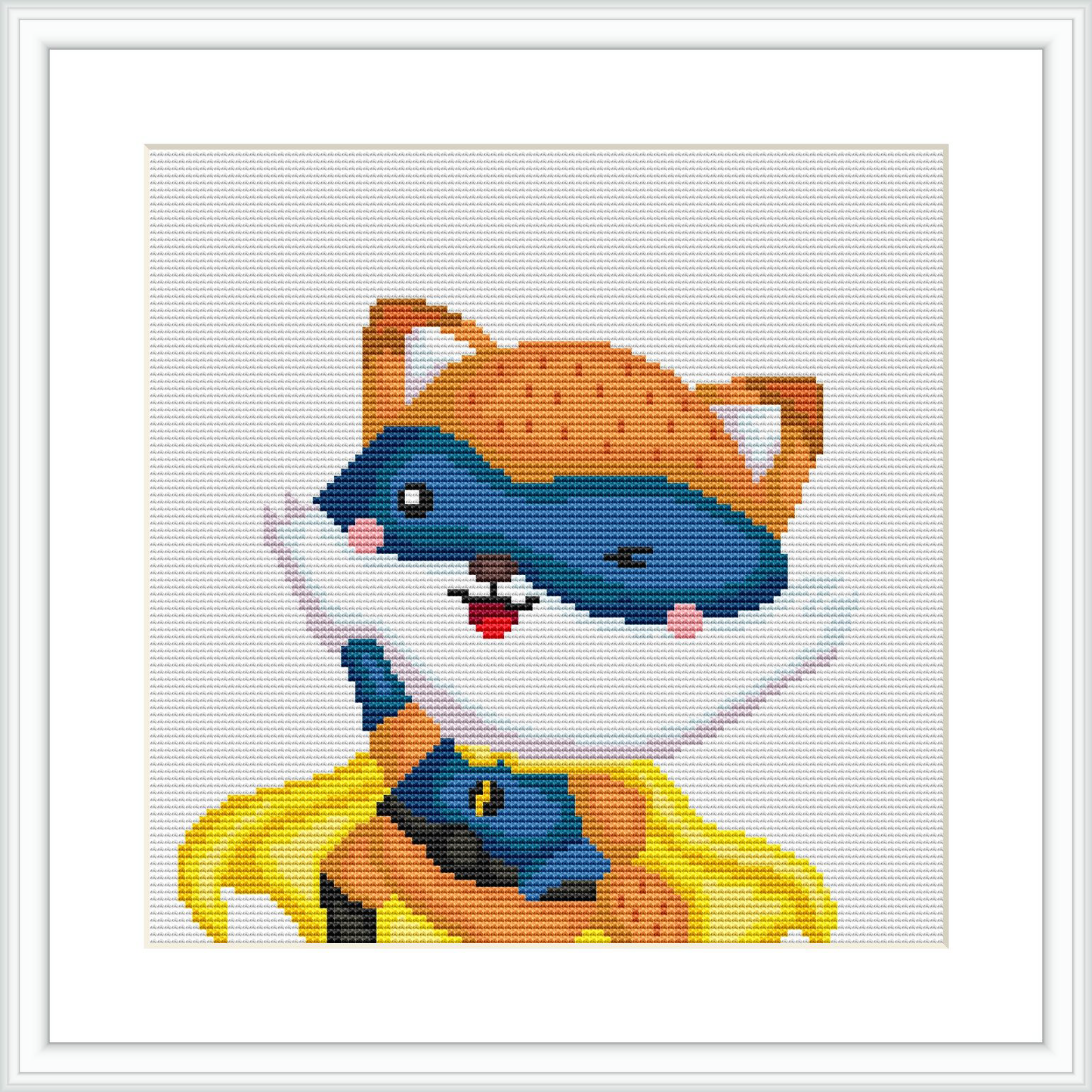 The image shows a framed cross stitch pattern of an anthropomorphic fox character with blue mask and cape, portrayed against a white background.