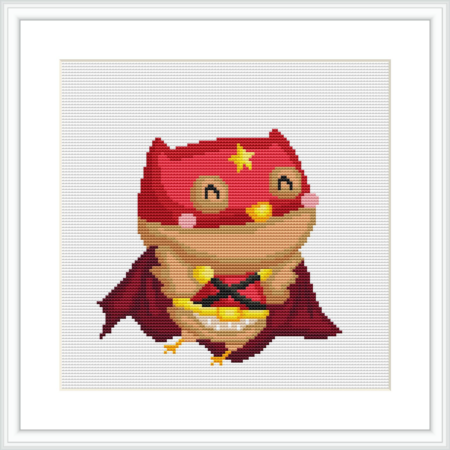 The image depicts a red owl with yellow stars and a pink blush on its cheeks. The owl appears to be in a superhero pose with a cape, set against a white canvas background within a square frame.