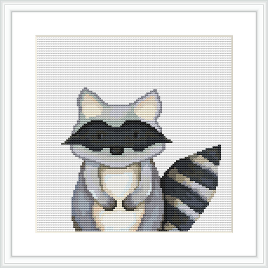 The image depicts a cross stitch pattern of a raccoon sitting upright. Its expression is friendly, with a neutral background. The design is captured within a frame, presenting a good view of the stitch work and the patterns that form the image.