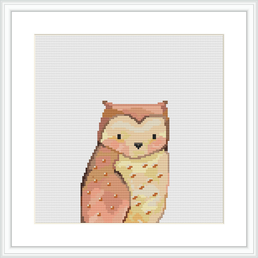 The image depicts a cross stitch pattern of an owl with a framed appearance. The owl features a watercolor design with a blend of pastel tones, predominantly in peach, cream, and brown hues, against a plain white background.