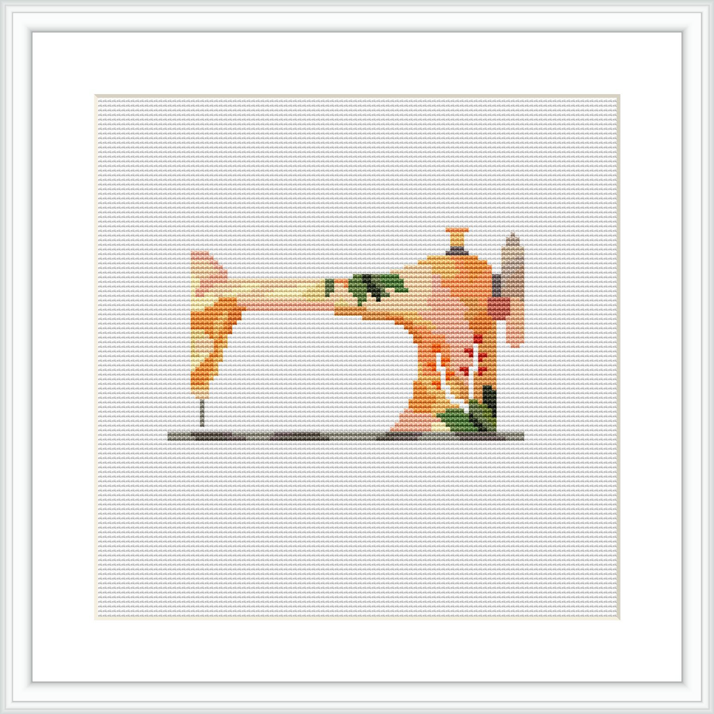 The image depicts a cross stitch pattern of a vintage sewing machine in a square format, rendered in a pixel art style with a limited color palette, encased within a simple frame.