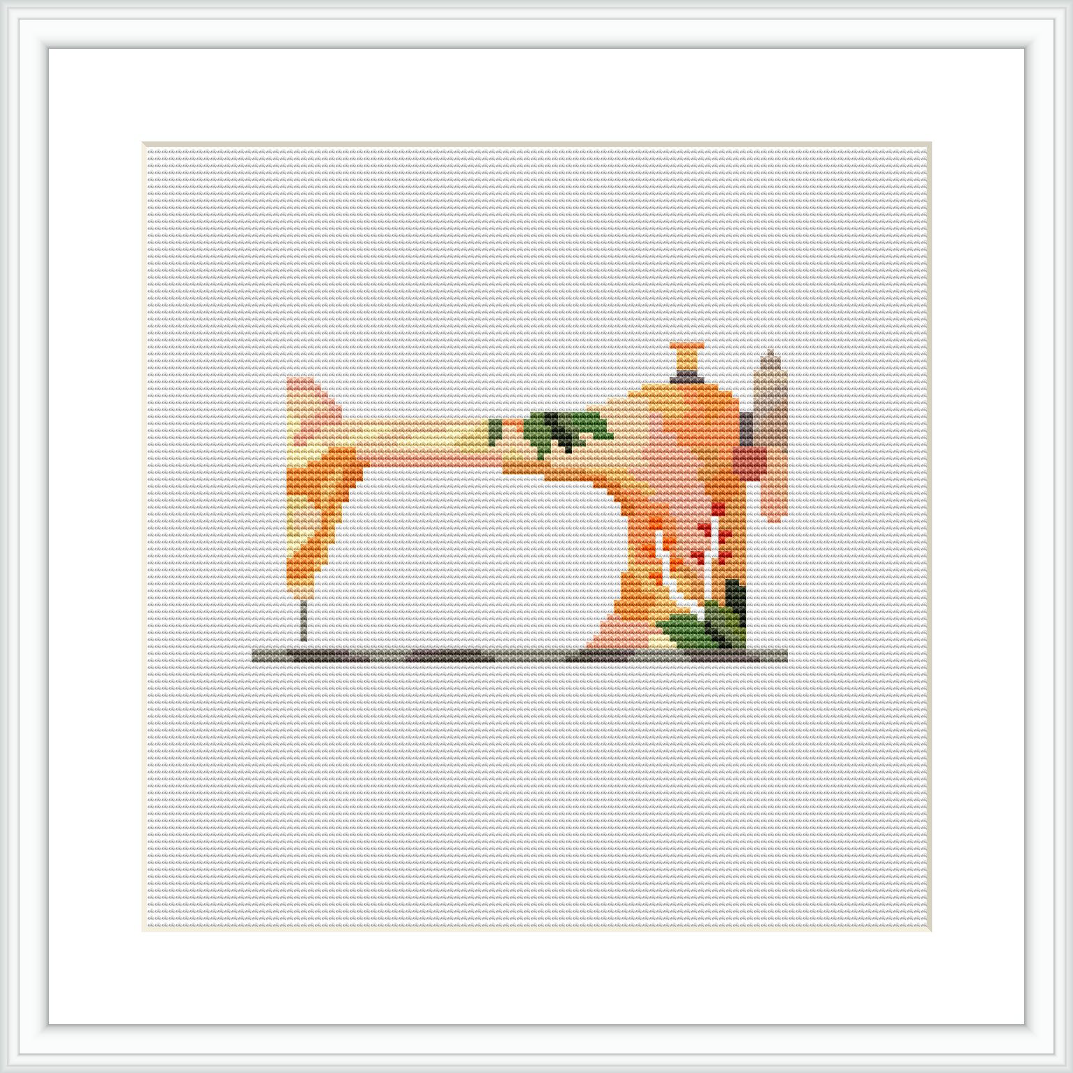 The image depicts a cross stitch pattern of a vintage sewing machine in a square format, rendered in a pixel art style with a limited color palette, encased within a simple frame.