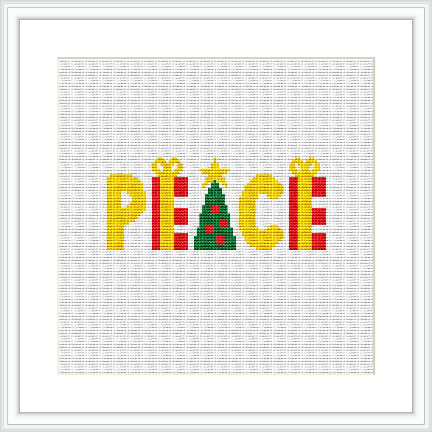 The image depicts a cross stitch pattern with the word 'PEACE' spelled out in large, colorful block letters. Above the 'E', there is a stylized Christmas tree embellished with two presents. Each letter and the tree are filled with a stitching pattern, and the background is white.