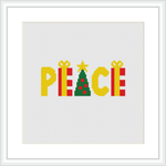 The image depicts a cross stitch pattern with the word 'PEACE' spelled out in large, colorful block letters. Above the 'E', there is a stylized Christmas tree embellished with two presents. Each letter and the tree are filled with a stitching pattern, and the background is white.