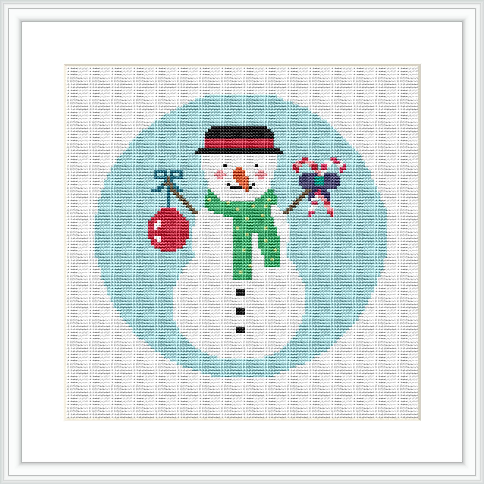 The image features a snowman centered against an aqua blue background. The snowman has a black hat, a green scarf, black buttons, a carrot nose and is holding a red bag and a candy cane with a pink bow.