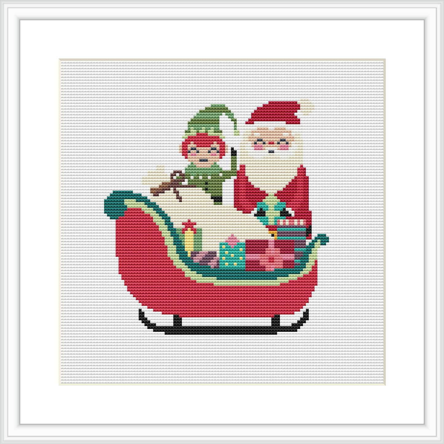 The image depicts a cross stitch pattern of Santa Claus and an elf seated in a red sleigh with a green interior. Santa is holding the reins, and the elf is next to him with a bell in hand. There are multiple wrapped presents in various colors in the sleigh.