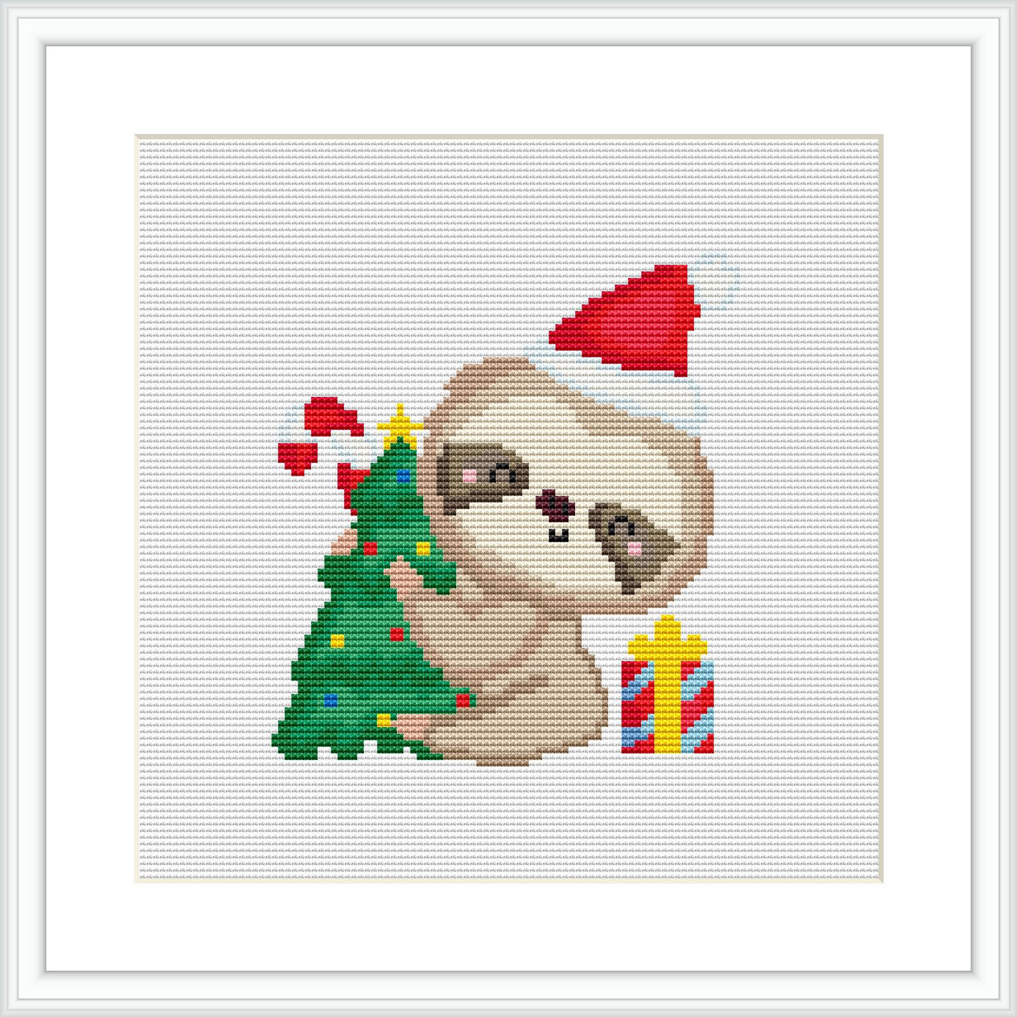 The image displays a cross stitch pattern of a cute sloth wearing a Santa hat, lying down next to a decorated Christmas tree, with a wrapped gift and mistletoe. It is stitched on a white background.