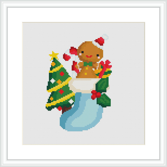 This cross stitch pattern displays a smiling sloth with red bows on its ears, wrapped in green Christmas socks decorated with patterns including Christmas trees. The sloth appears cozy and content against the white background of the canvas.