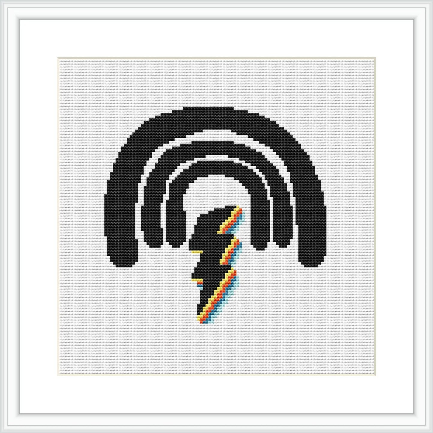 The image displays a cross stitch pattern featuring a central lightning bolt motif with a colorful rainbow stripe running diagonally through it. The lightning is surrounded by arcs reminiscent of wifi or radio signal symbols, all stitched against a white background within a square frame.