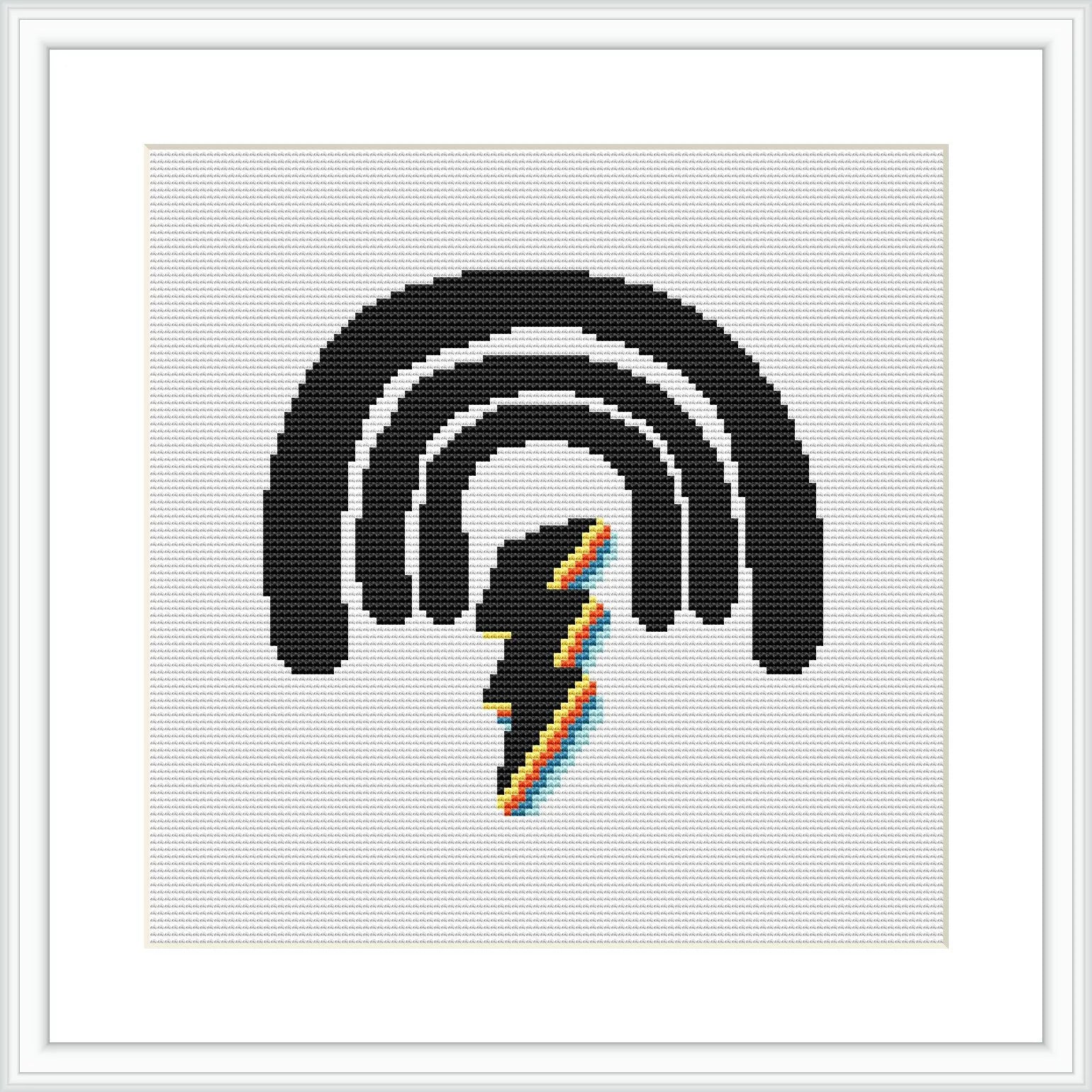 The image displays a cross stitch pattern featuring a central lightning bolt motif with a colorful rainbow stripe running diagonally through it. The lightning is surrounded by arcs reminiscent of wifi or radio signal symbols, all stitched against a white background within a square frame.