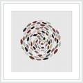 The image displays a framed cross stitch pattern featuring an abstract circular design in neutral colors on a white canvas.