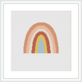 A framed cross stitch pattern depicting an abstract, stylized rainbow with layered arches in various neutral and earthy colors on a white field. The design is presented within a square frame on a white background.