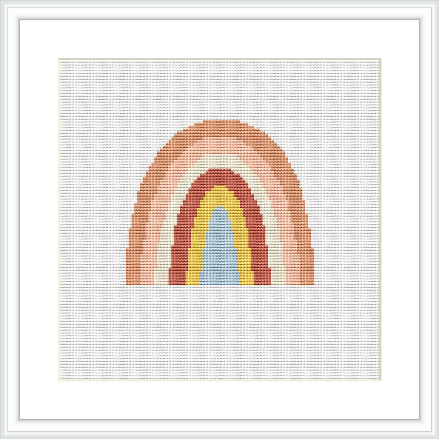 A framed cross stitch pattern depicting an abstract, stylized rainbow with layered arches in various neutral and earthy colors on a white field. The design is presented within a square frame on a white background.