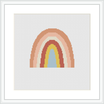 A framed cross stitch pattern depicting an abstract, stylized rainbow with layered arches in various neutral and earthy colors on a white field. The design is presented within a square frame on a white background.