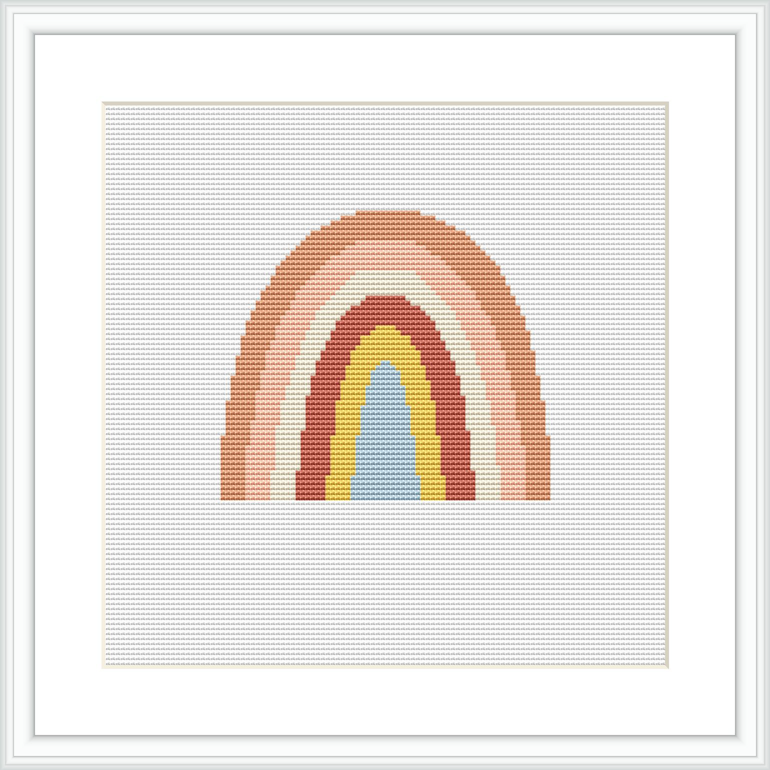 A framed cross stitch pattern depicting an abstract, stylized rainbow with layered arches in various neutral and earthy colors on a white field. The design is presented within a square frame on a white background.