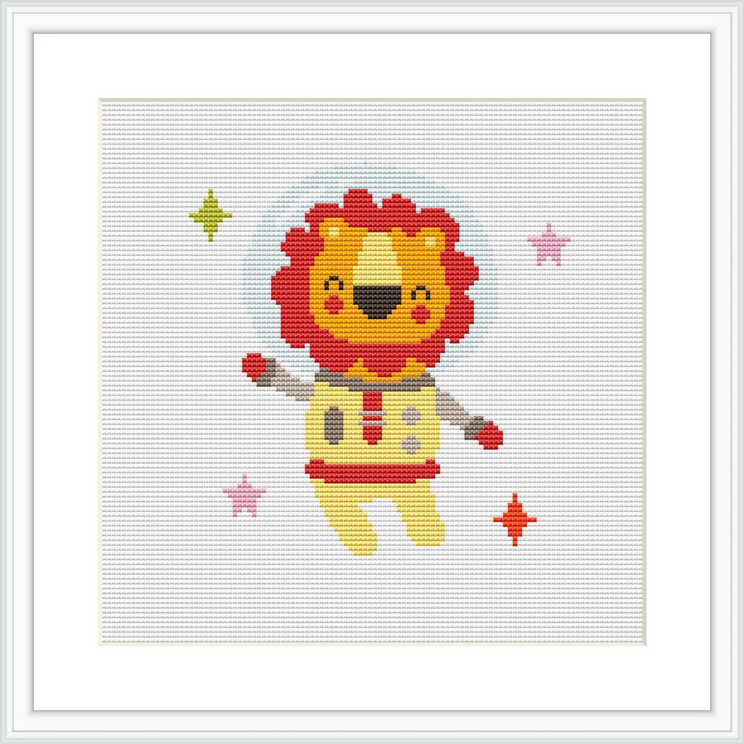 The image depicts a cross stitch pattern of a cartoon-style lion dressed as an astronaut floating in space, surrounded by stars of different shapes and colors.