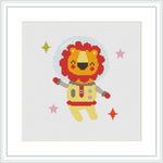 The image depicts a cross stitch pattern of a cartoon-style lion dressed as an astronaut floating in space, surrounded by stars of different shapes and colors.