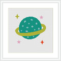 The image features a stylized representation of the planet Saturn, surrounded by four smaller stars. Saturn is depicted in shades of green with a prominent yellow ring, against a white background.