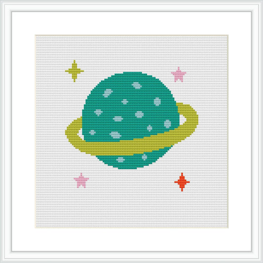 The image features a stylized representation of the planet Saturn, surrounded by four smaller stars. Saturn is depicted in shades of green with a prominent yellow ring, against a white background.