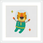 The image depicts a tiger dressed in an astronaut's suit floating in space, surrounded by stars of various colors.