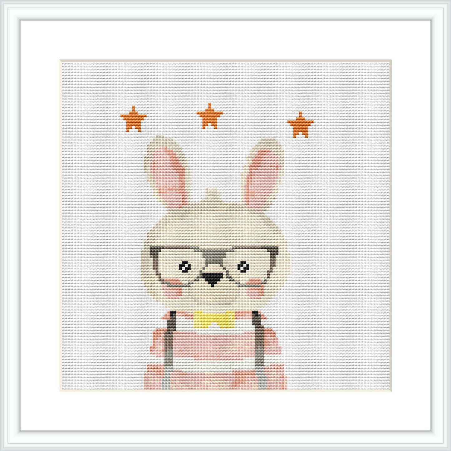 The image displays a cross stitch pattern of a cute rabbit with glasses, wearing a striped garment. The rabbit is centrally placed against a white background with a few orange stars above its head.