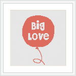 The image shows a stitched representation of a balloon with the words 'Big Love' printed across it in a bold, typographic style. The balloon is tethered with a simple string ending in a loop, suggestive of a balloon's ribbon tie. The color palette is primarily in shades of red and pink on a crisp white background, framed within a simple square frame.