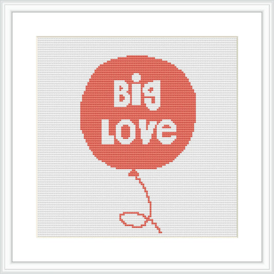 The image shows a stitched representation of a balloon with the words 'Big Love' printed across it in a bold, typographic style. The balloon is tethered with a simple string ending in a loop, suggestive of a balloon's ribbon tie. The color palette is primarily in shades of red and pink on a crisp white background, framed within a simple square frame.