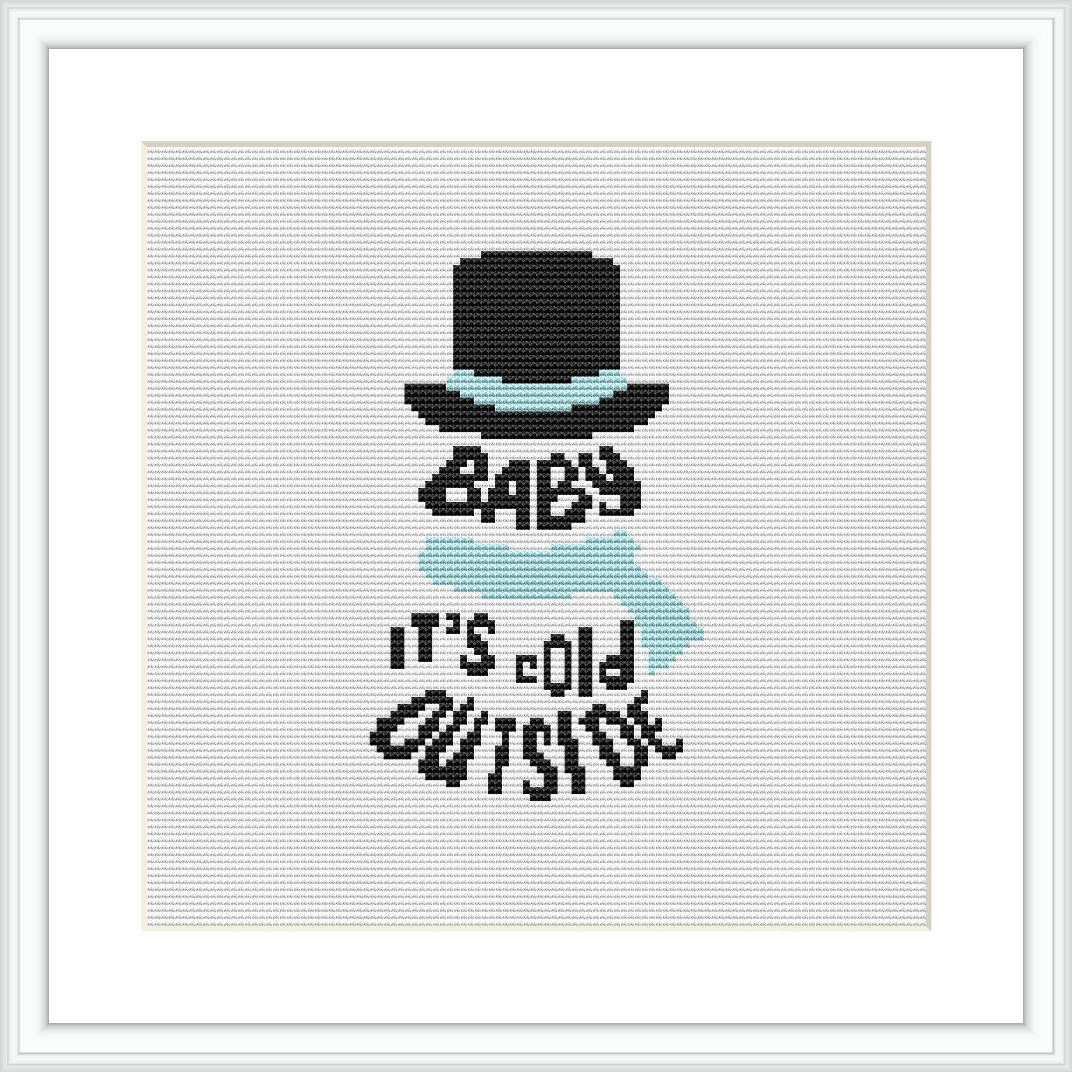 The image features a minimalist silhouette of a person with a top hat and scarf. The phrase 'BABY IT'S COLD OUTSIDE' is stitched beneath the figure. It's set against a plain white background, suggesting the starkness of winter.