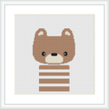 The image shows a cross stitch pattern framed in white, depicting a cute brown bear with a white snout and ears. The bear features horizontal stripes across its body and sits centered on a white background.